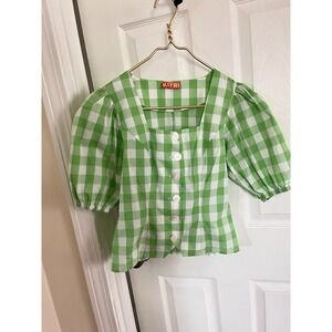 KITRI Green Plaid Gingham Cotton Top US 2 Retro Cottagecore Puff Sleeve Festival